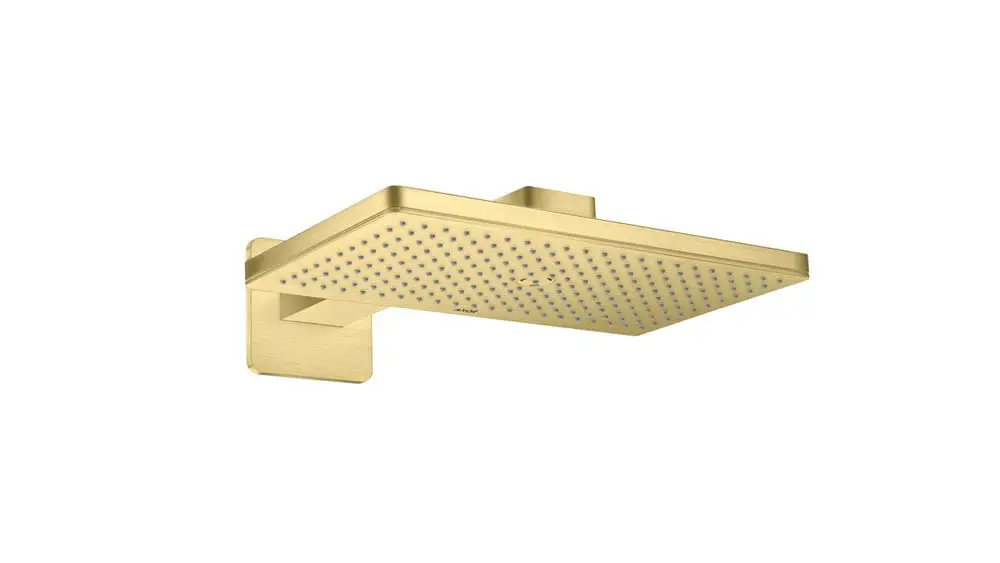 Showerhead in gebürstetem Messing von AXOR, rechteckige Form mit mehreren Düsen, an der Wand montiert, inklusive Brausearm und rosettenförmiger Halterung.